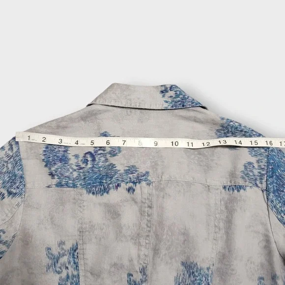 Coldwater Creek Womens 14 Gray Blue Floral Ikat 100% Linen Snap Button Jacket - Picture 12 of 13